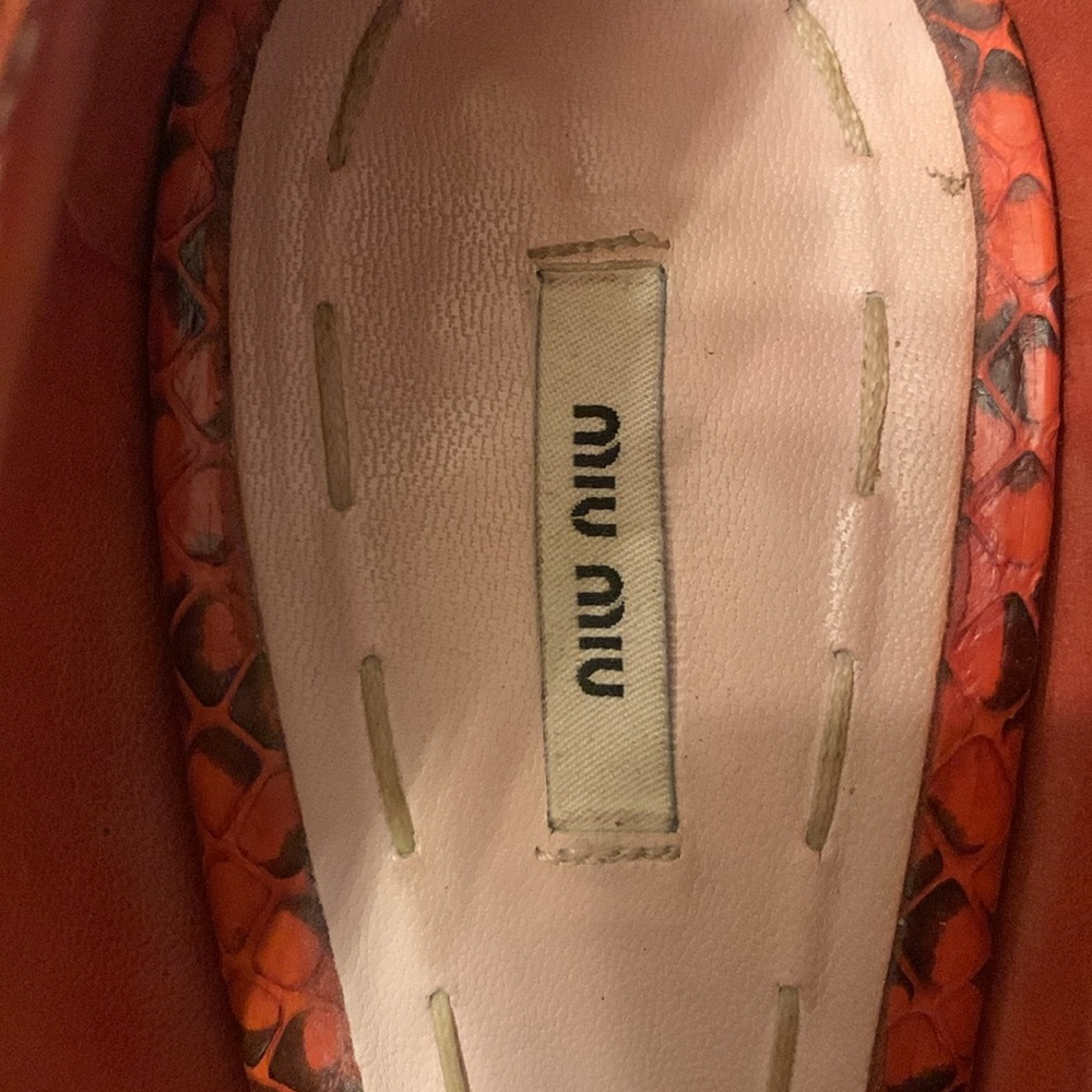 Prada Miu Miu Orange Python Leather Peep Toe Plat… - image 2